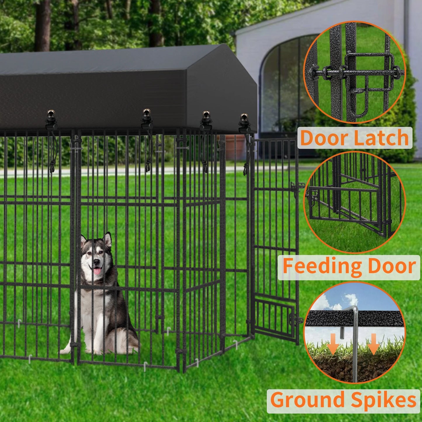 Metal Dog Kennel Outdoor Yard Cage Animal Runs Crate Playpen Roof Cover