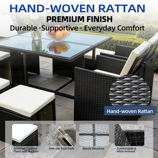 8 Seaters Rattan Garden Corner Sofa Set with Glass Dining Table Cushion Outdoor
