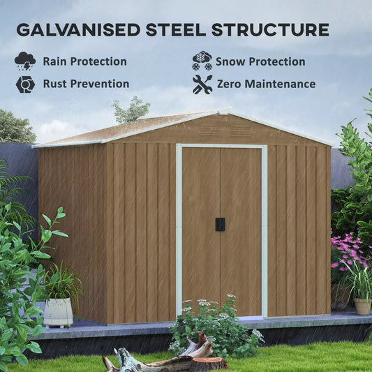 Large Metal Garden Shed 8 x 6ft Wood Effect Tool Storage Sliding Door Lockable