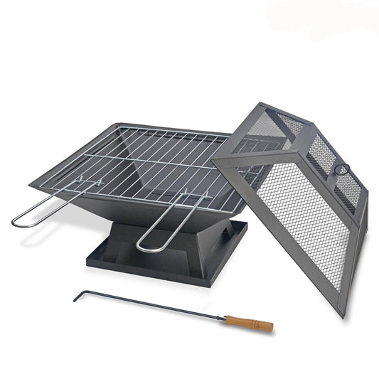 FIRE PIT FIREPIT BRAZIER SQUARE STOVE PATIO HEATER WITH BBQ GRILL OUTDOOR GARDEN