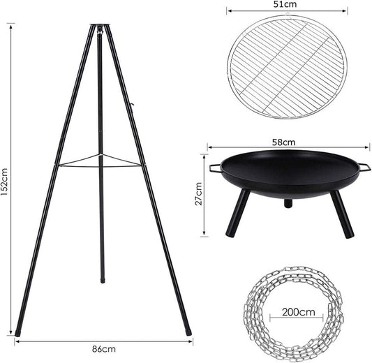 Tripod Outdoor Fire Pit BBQ Bowl Round Garden Patio Extra Large Barbecue Grill