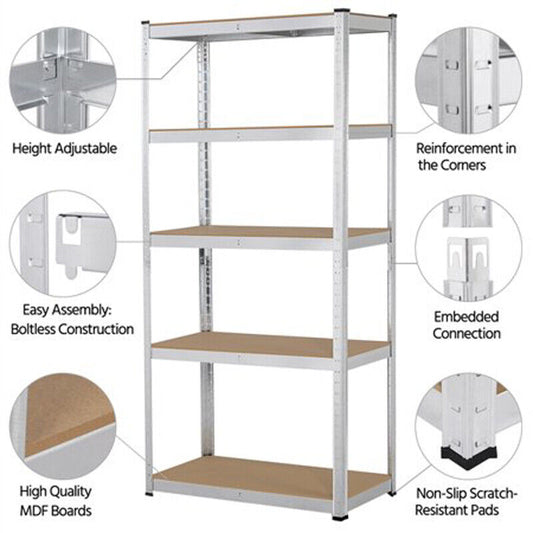 150 x 70 x 30cm Galvanised Small 5 Tier Racking Heavy Duty Garage Shelving Storage Shelves Boltless Steel Unit