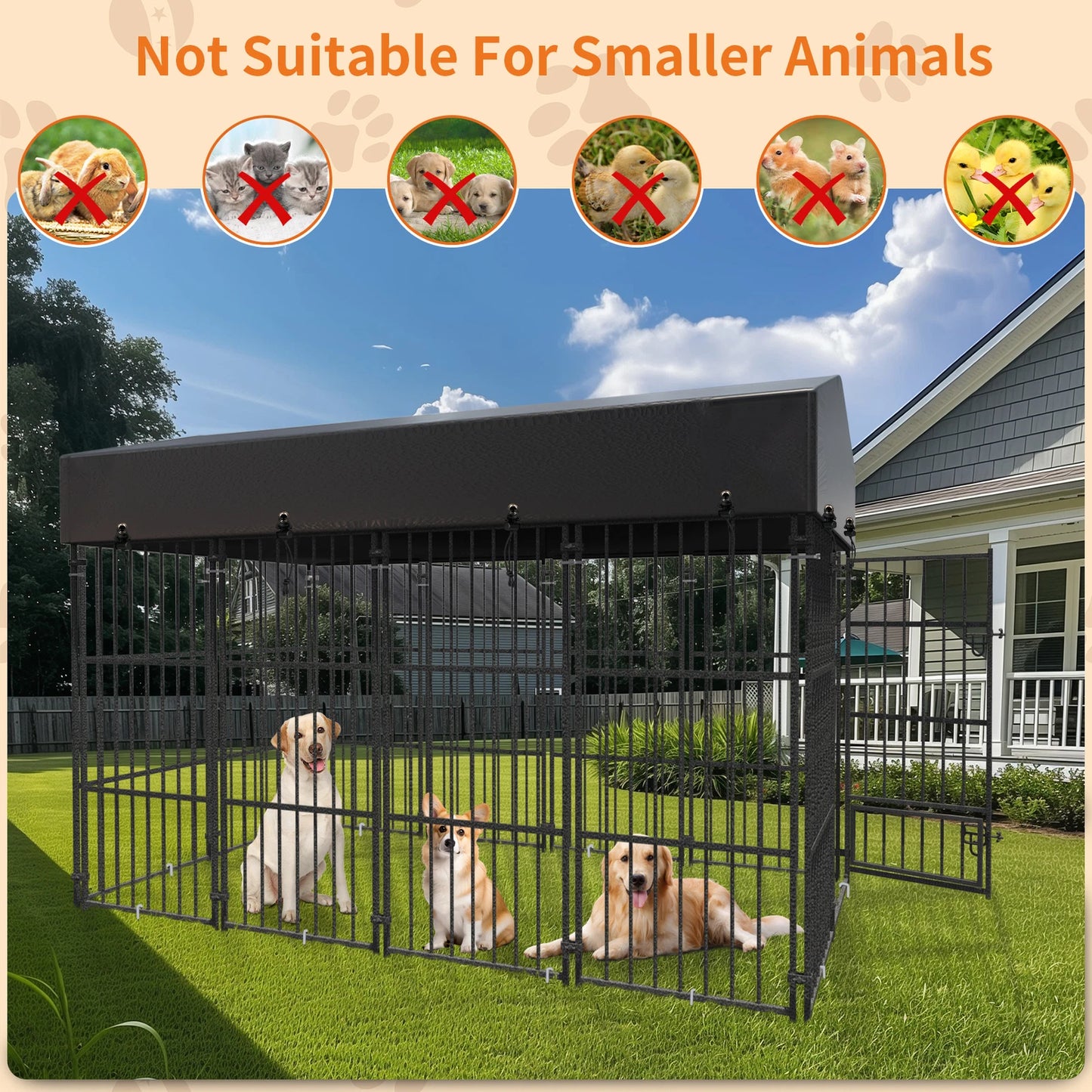 Metal Dog Kennel Outdoor Yard Cage Animal Runs Crate Playpen Roof Cover