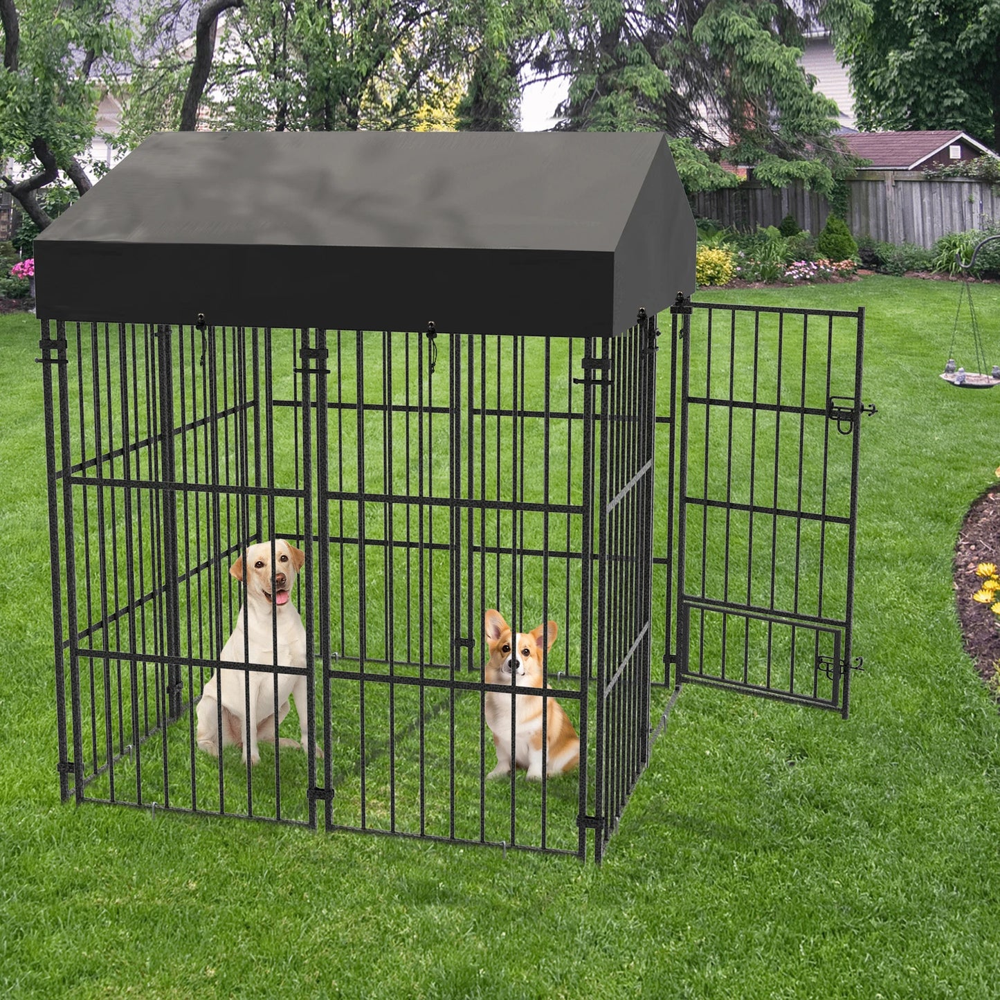 Metal Dog Kennel Outdoor Yard Cage Animal Runs Crate Playpen Roof Cover