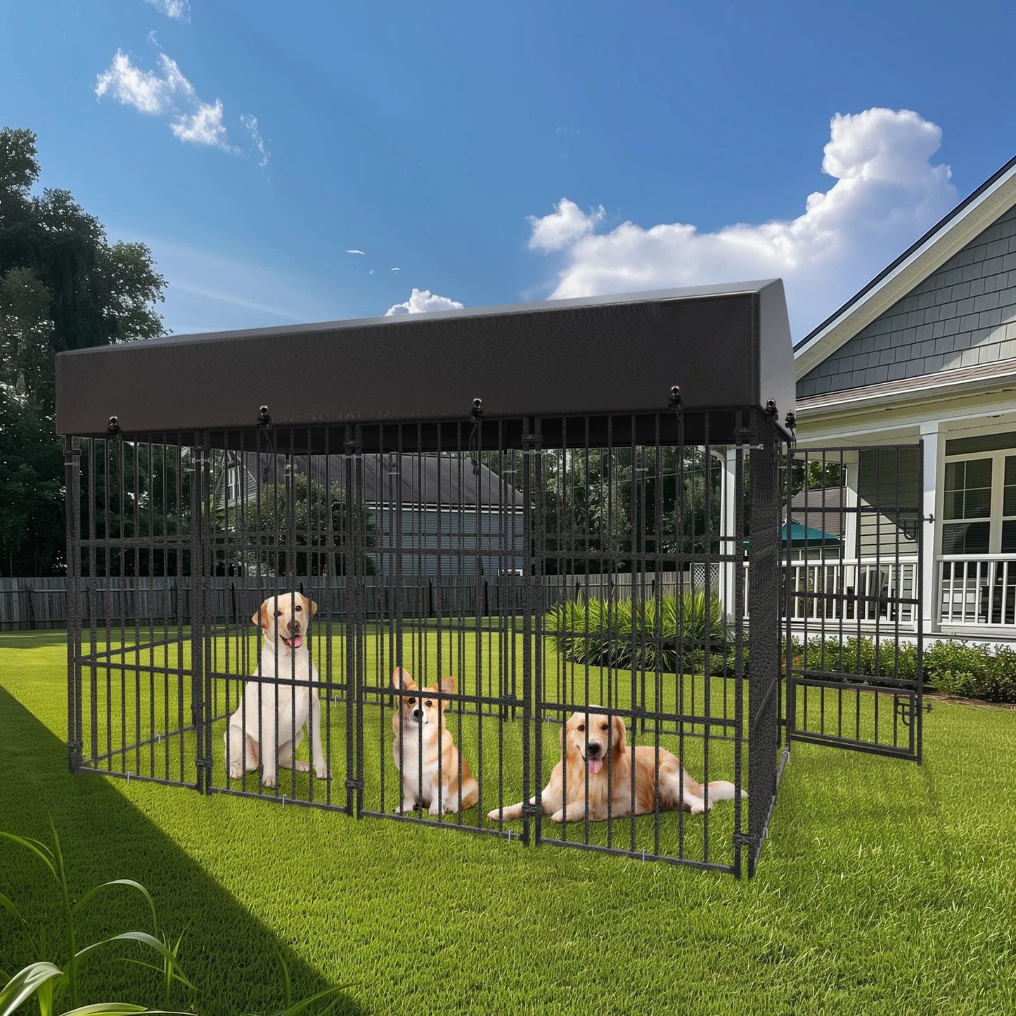 Metal Dog Kennel Outdoor Yard Cage Animal Runs Crate Playpen Roof Cover