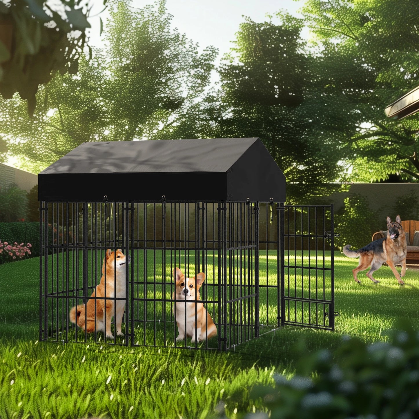 Metal Dog Kennel Outdoor Yard Cage Animal Runs Crate Playpen Roof Cover