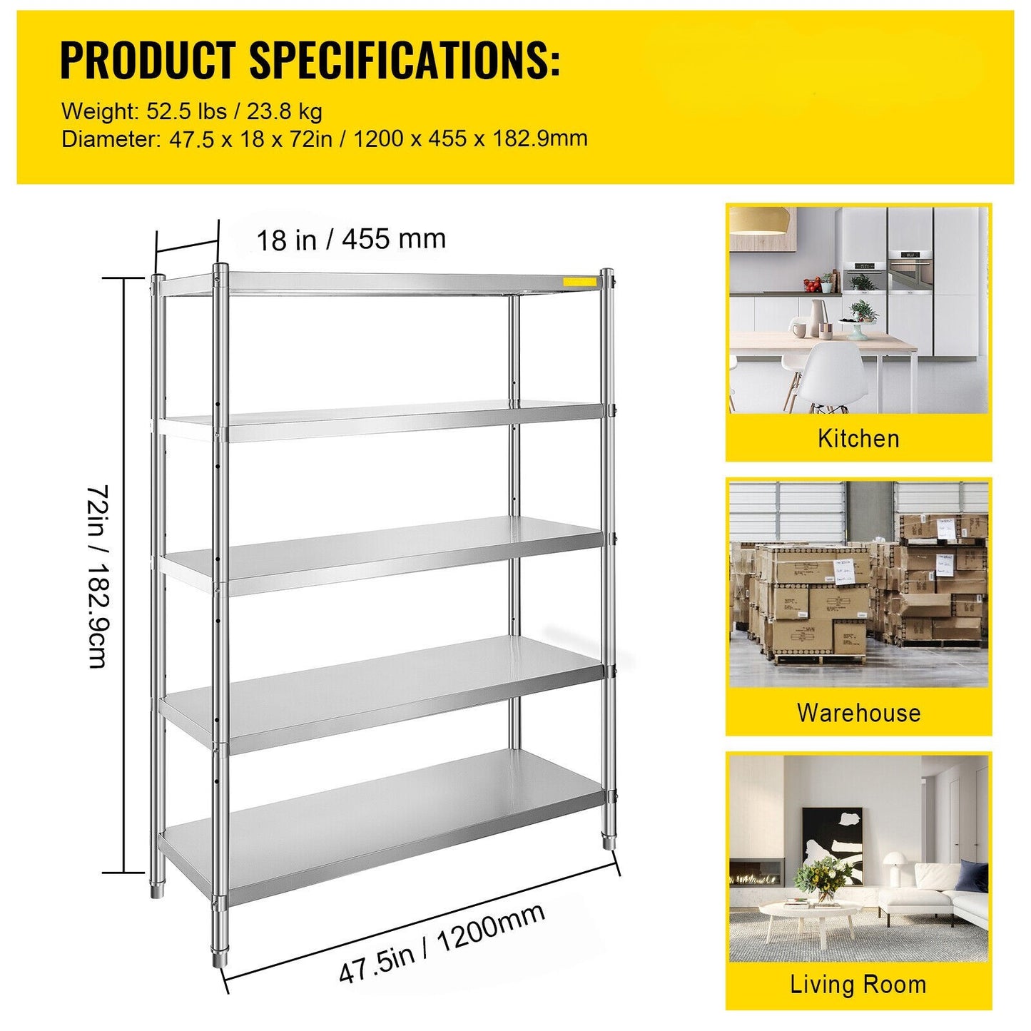 Shelving Unit Storage Kitchen Shelves 47.5x18in 5-Tier Stainless Steel