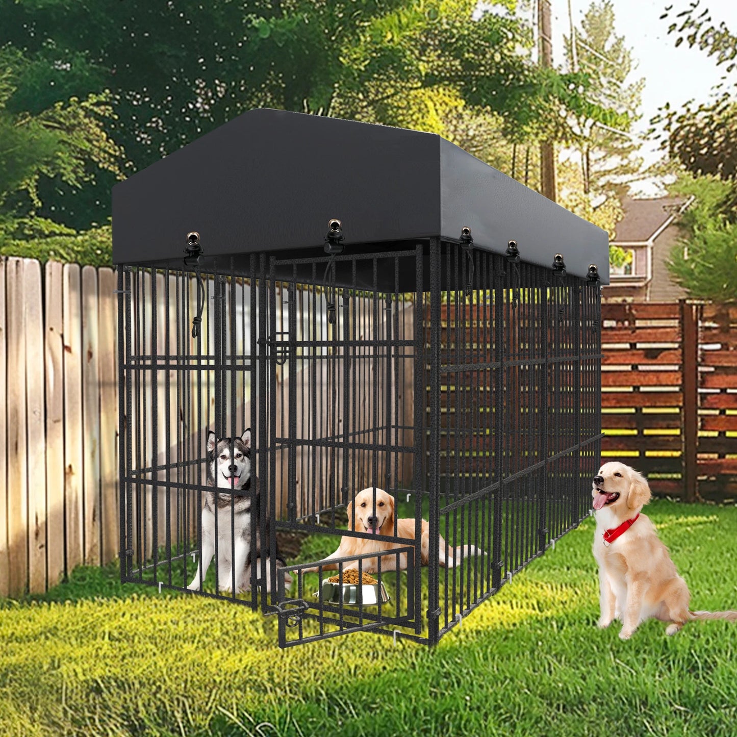Metal Dog Kennel Outdoor Yard Cage Animal Runs Crate Playpen Roof Cover