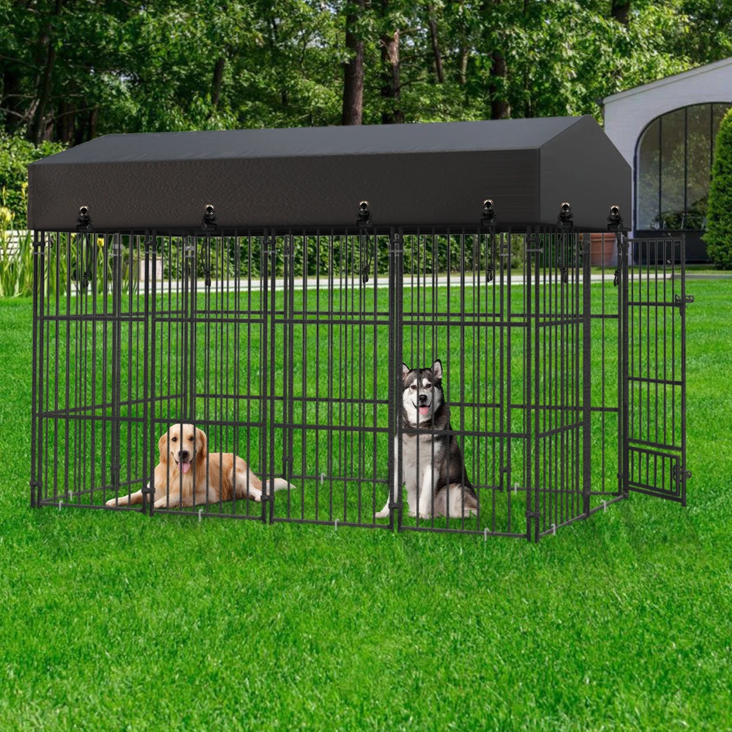 Metal Dog Kennel Outdoor Yard Cage Animal Runs Crate Playpen Roof Cover