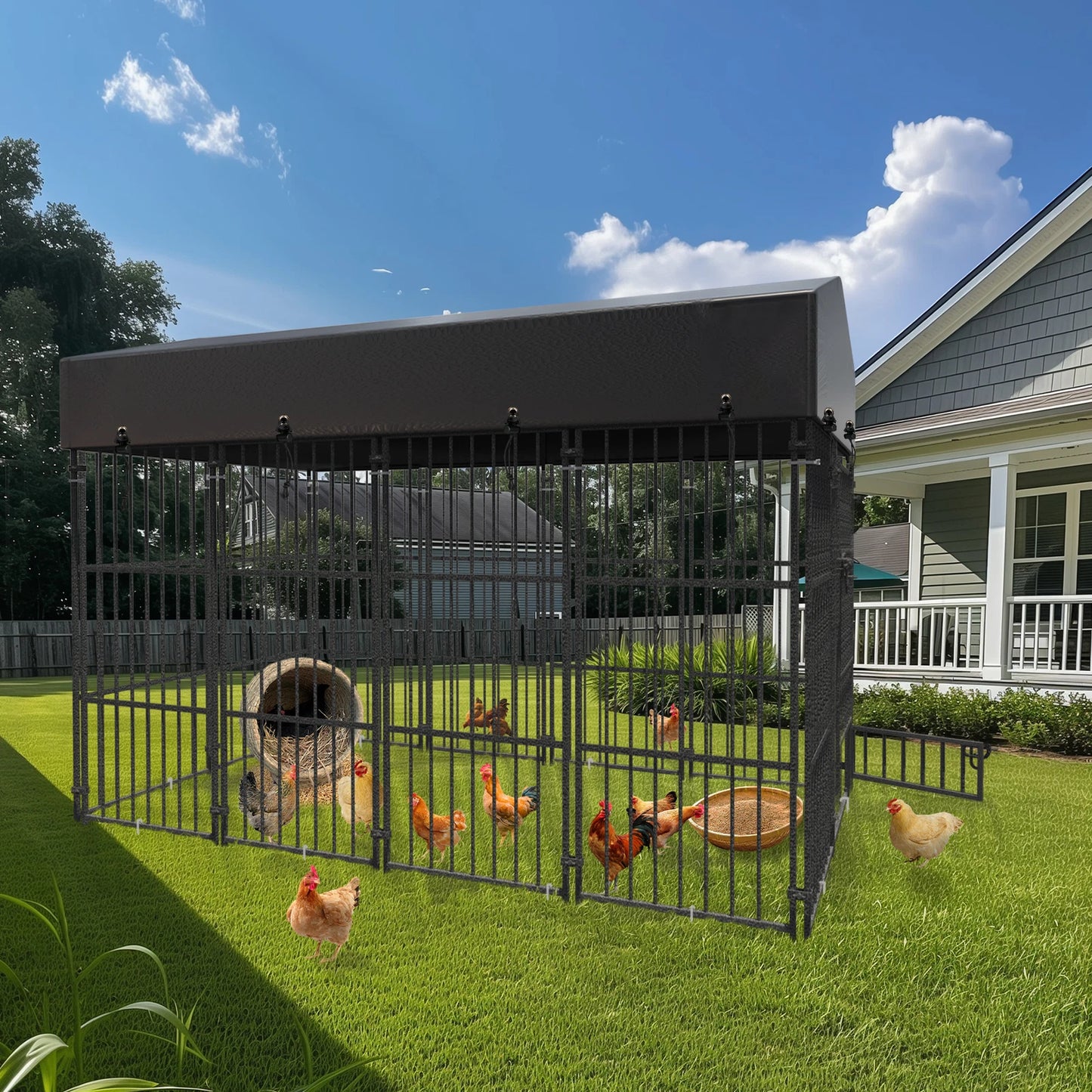 Metal Dog Kennel Outdoor Yard Cage Animal Runs Crate Playpen Roof Cover