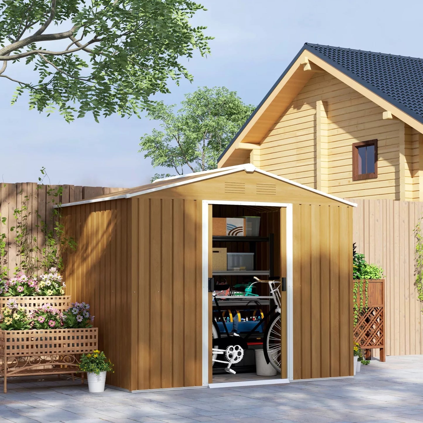 Large Metal Garden Shed 8 x 6ft Wood Effect Tool Storage Sliding Door Lockable