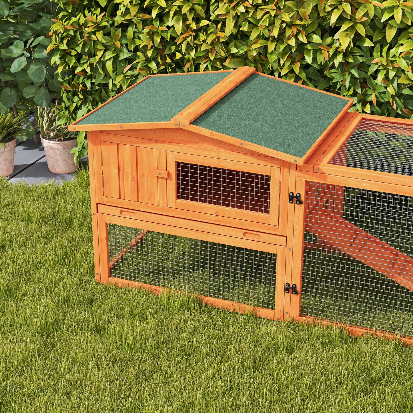 Orange Bunny Cage Rabbit Hutch Outdoor Guinea Pig House w/ Slide-Out Tray Hay Rack Ramp