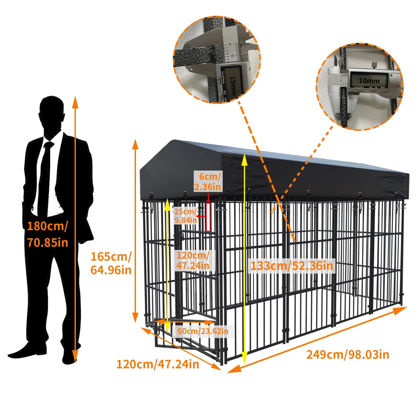 Metal Dog Kennel Outdoor Yard Cage Animal Runs Crate Playpen Roof Cover