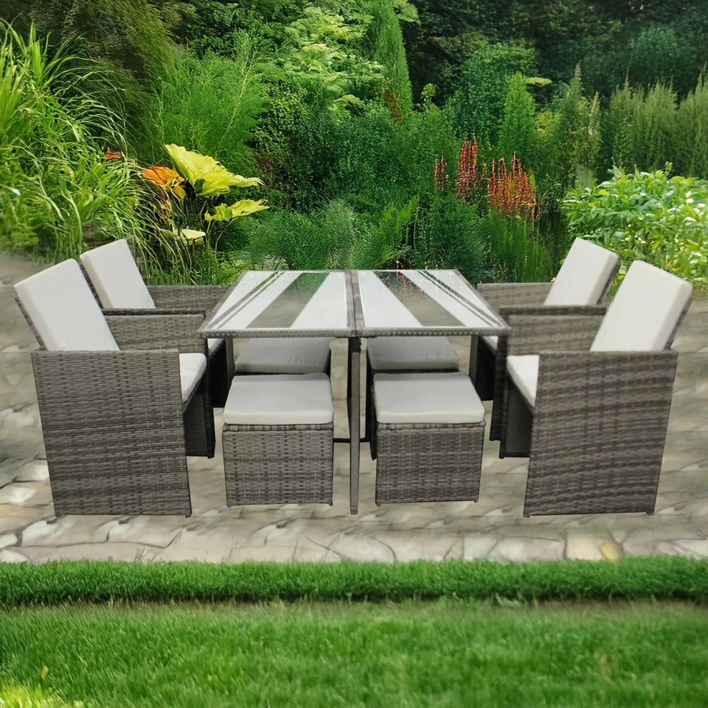 8 Seaters Rattan Garden Corner Sofa Set with Glass Dining Table Cushion Outdoor
