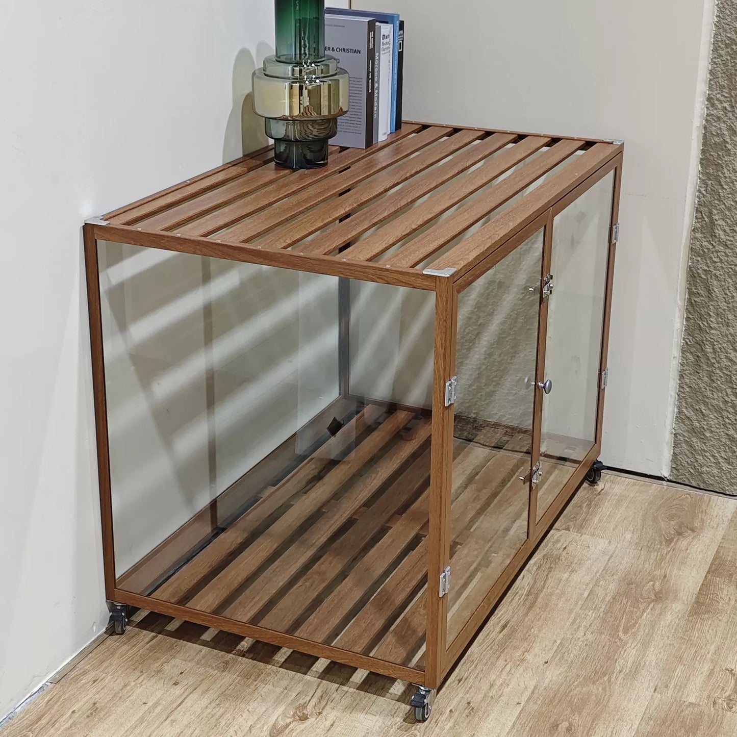 Tempered Glass Dog Cage Clear Puppy Pet Crate Furniture Aluminium Frame