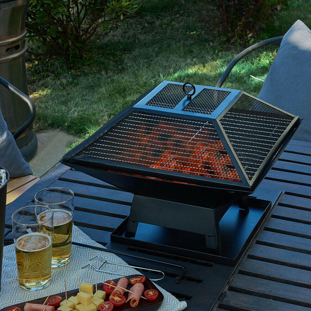 FIRE PIT FIREPIT BRAZIER SQUARE STOVE PATIO HEATER WITH BBQ GRILL OUTDOOR GARDEN