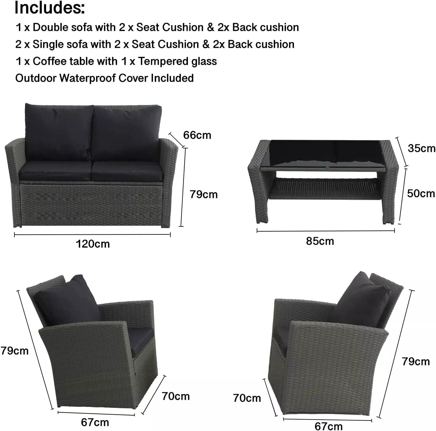 Rattan Garden Furniture Sofa Set Table 2 Arms Chairs & 2 Seater with Table