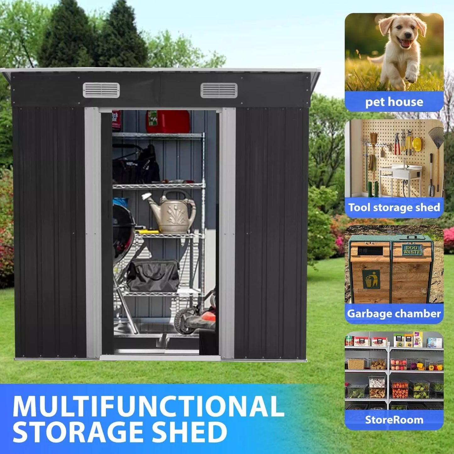 Metal Garden Shed 6 X 4, 6 X 8, 8 X 10ft Garden Storage With BASE FOUNDATION