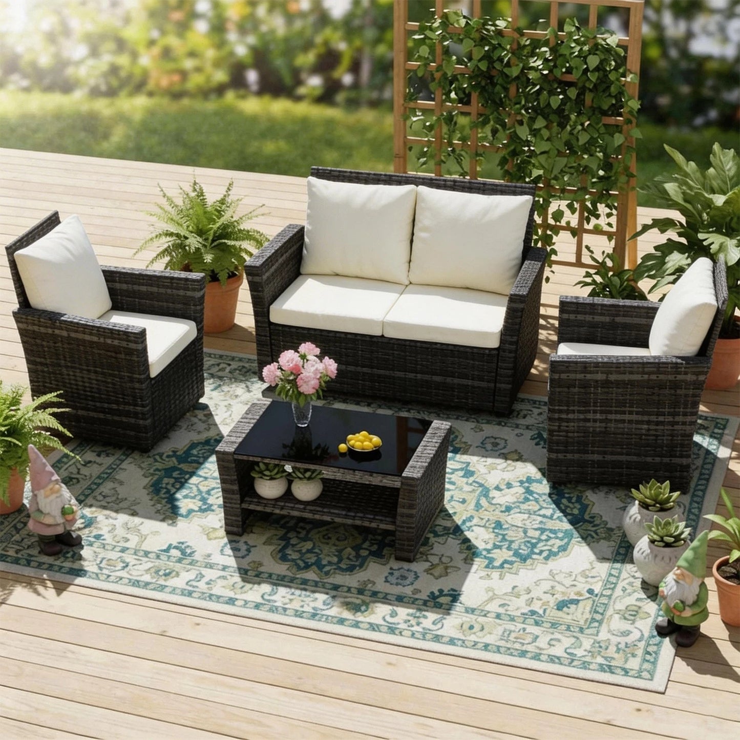 Rattan Garden Furniture Sofa Set Table 2 Arms Chairs & 2 Seater with Table