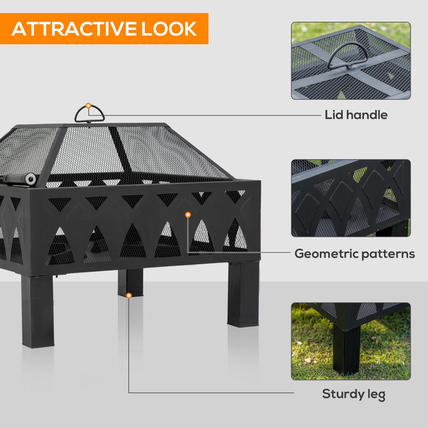 Outdoor Fire Pit with Screen and Poker, Backyard Wood Burner, Black