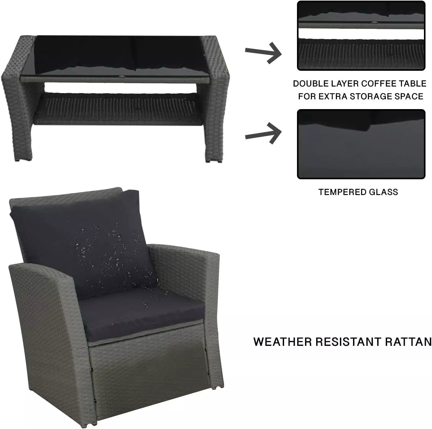 Rattan Garden Furniture Sofa Set Table 2 Arms Chairs & 2 Seater with Table