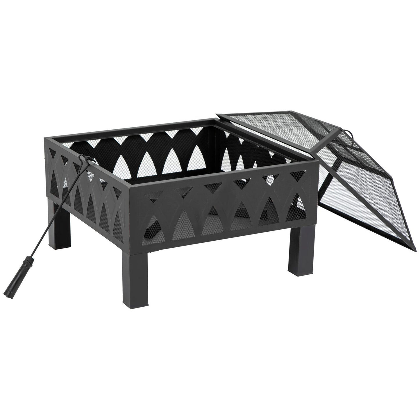 Outdoor Fire Pit with Screen and Poker, Backyard Wood Burner, Black