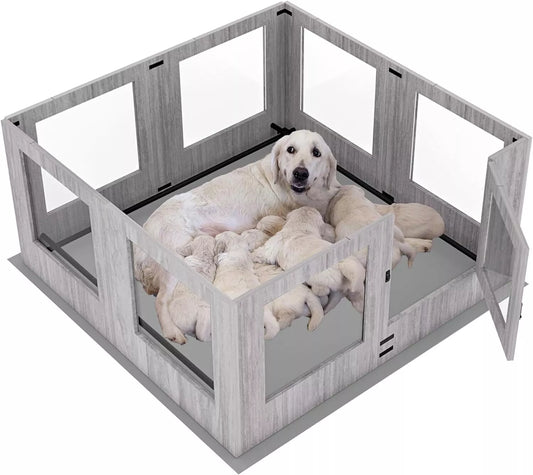 Wooden Dog Whelping Box Pet Puppy Playpen with Waterproof Fertility Pad