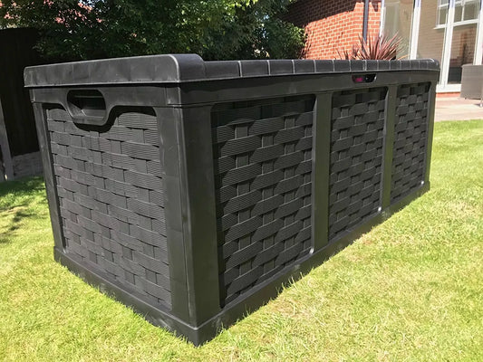 Plastic Garden Storage Box XXL Size 634 Litres Waterproof Sit On Lid Piston Lift