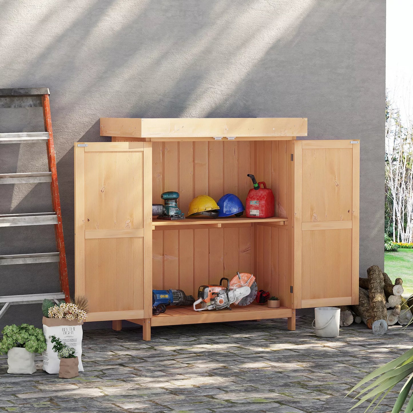 Outdoor Garden Storage Shed Tool Wooden Box w/ Hinged Roof 74x43x88cm, Natural