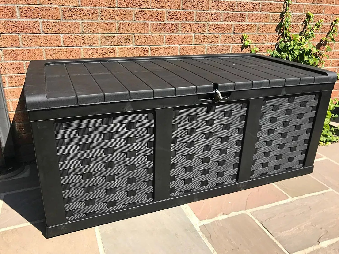 Plastic Garden Storage Box XXL Size 634 Litres Waterproof Sit On Lid Piston Lift