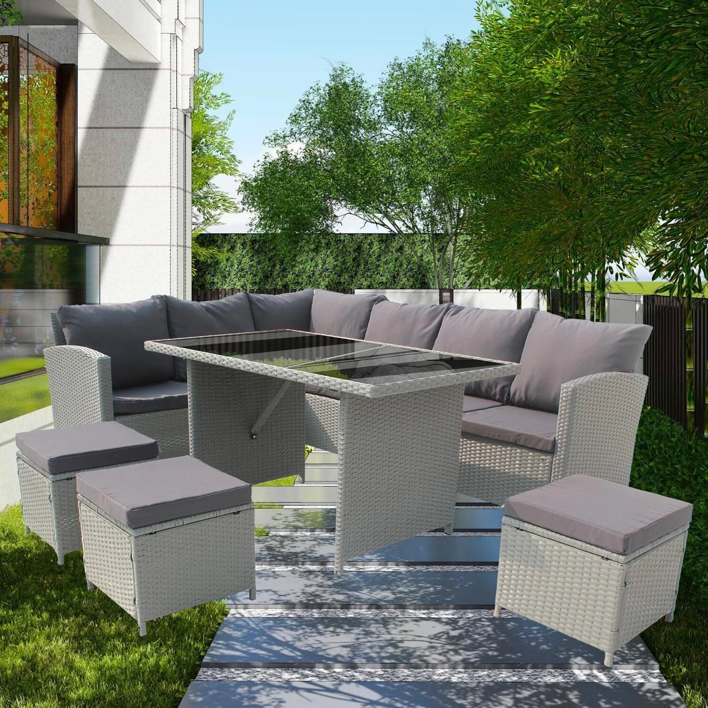 Rattan Garden Furniture 9 Seaters Corner Sofa Dining Table Outdoor Set