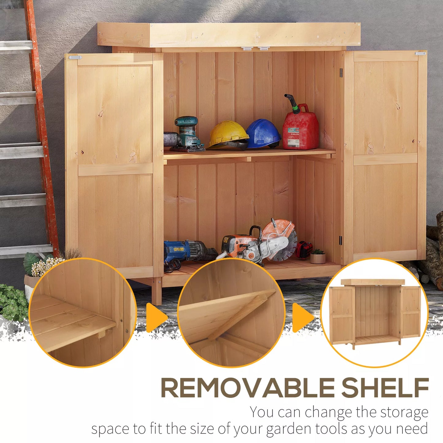 Outdoor Garden Storage Shed Tool Wooden Box w/ Hinged Roof 74x43x88cm, Natural