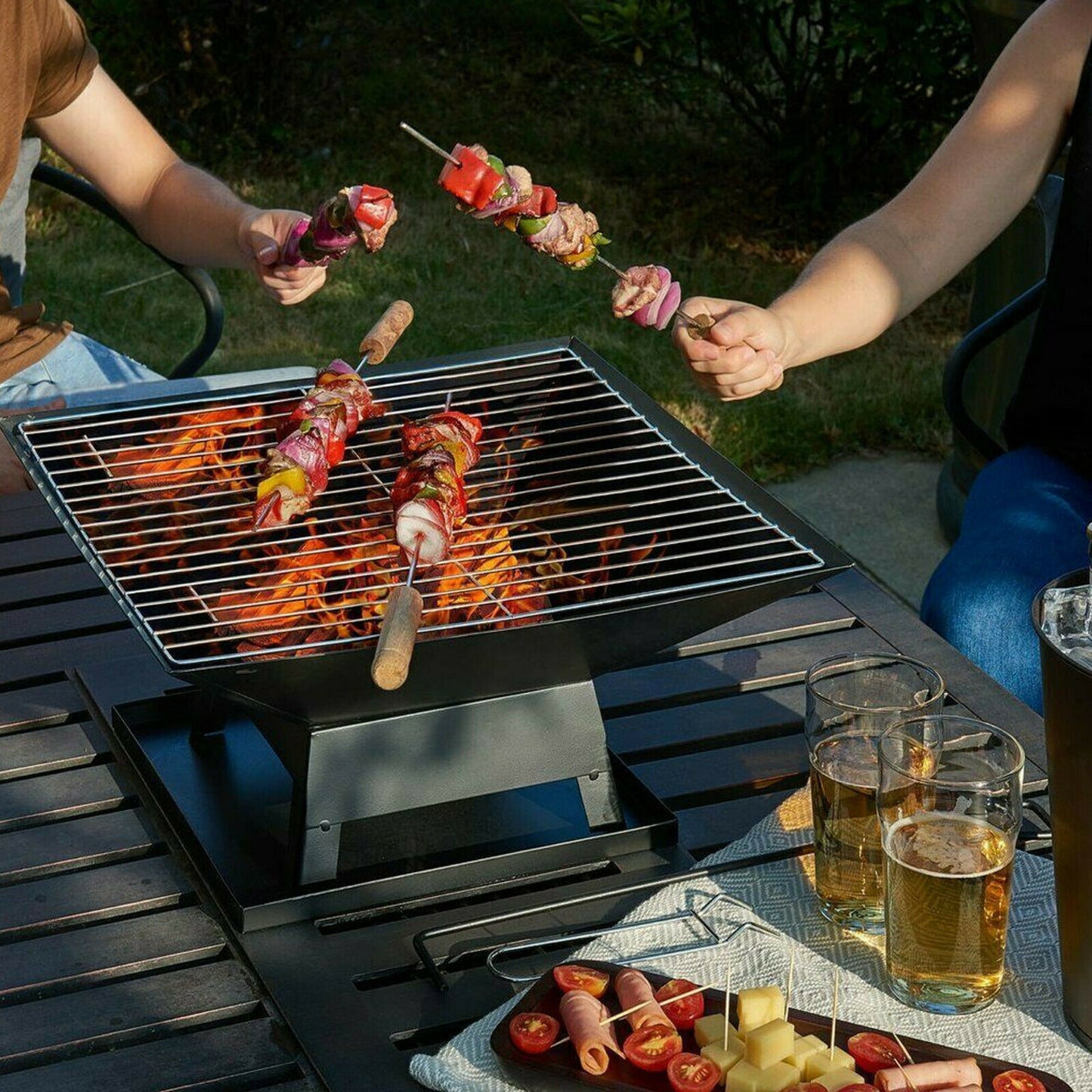 FIRE PIT FIREPIT BRAZIER SQUARE STOVE PATIO HEATER WITH BBQ GRILL OUTDOOR GARDEN