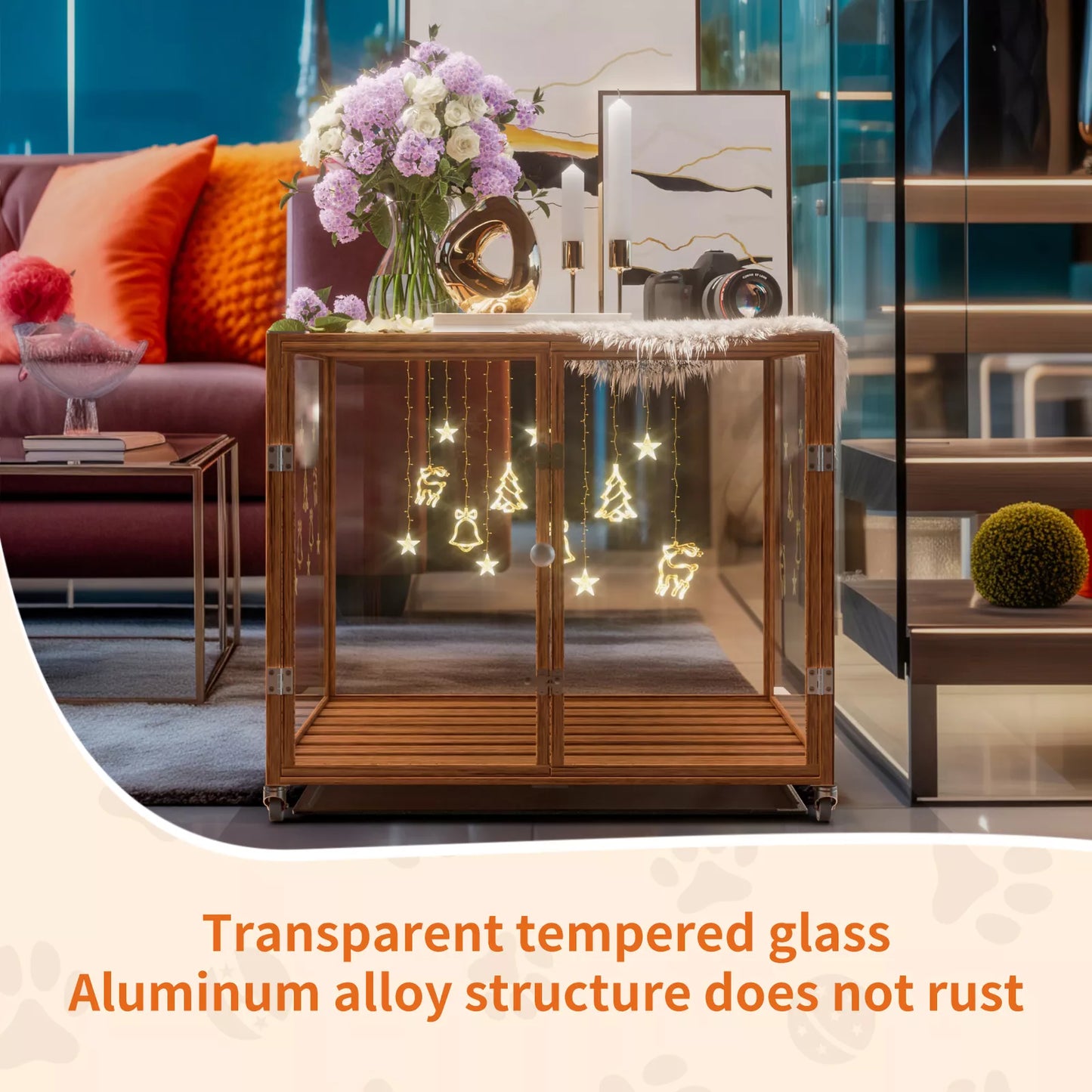 Tempered Glass Dog Cage Clear Puppy Pet Crate Furniture Aluminium Frame