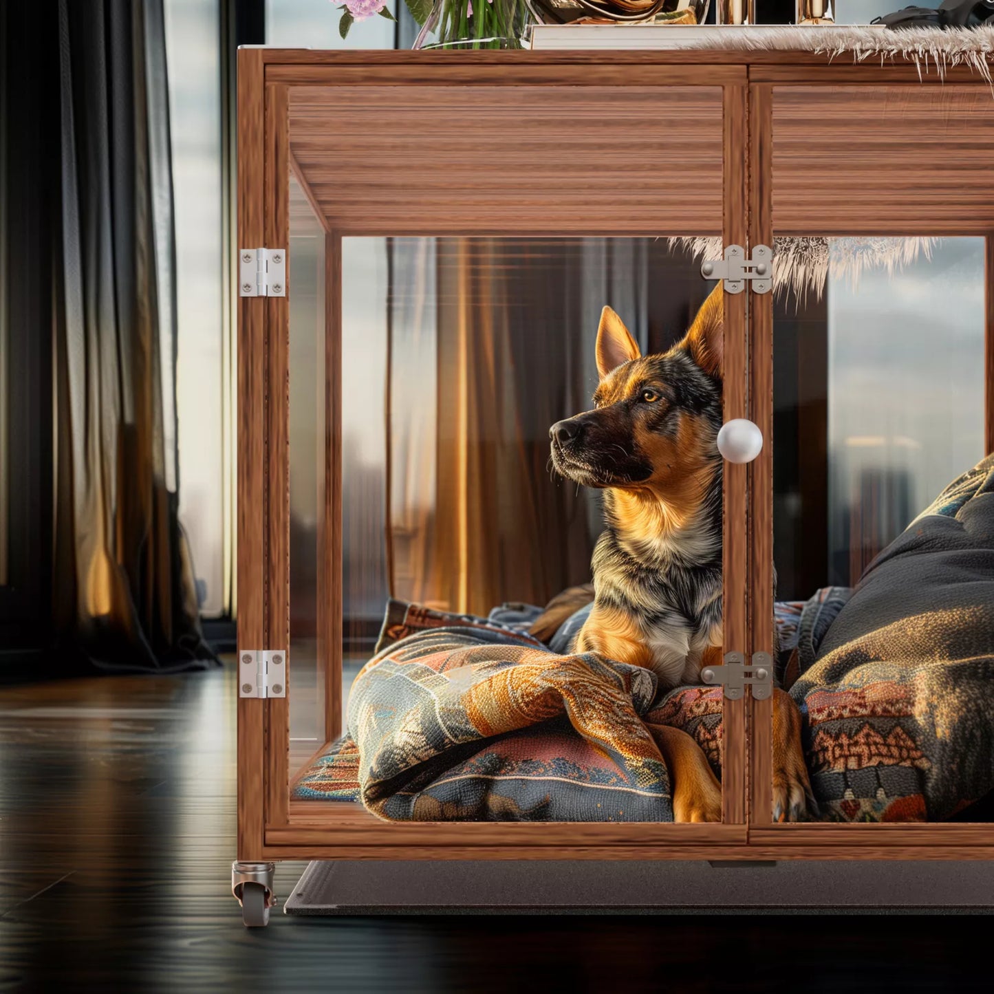 Tempered Glass Dog Cage Clear Puppy Pet Crate Furniture Aluminium Frame