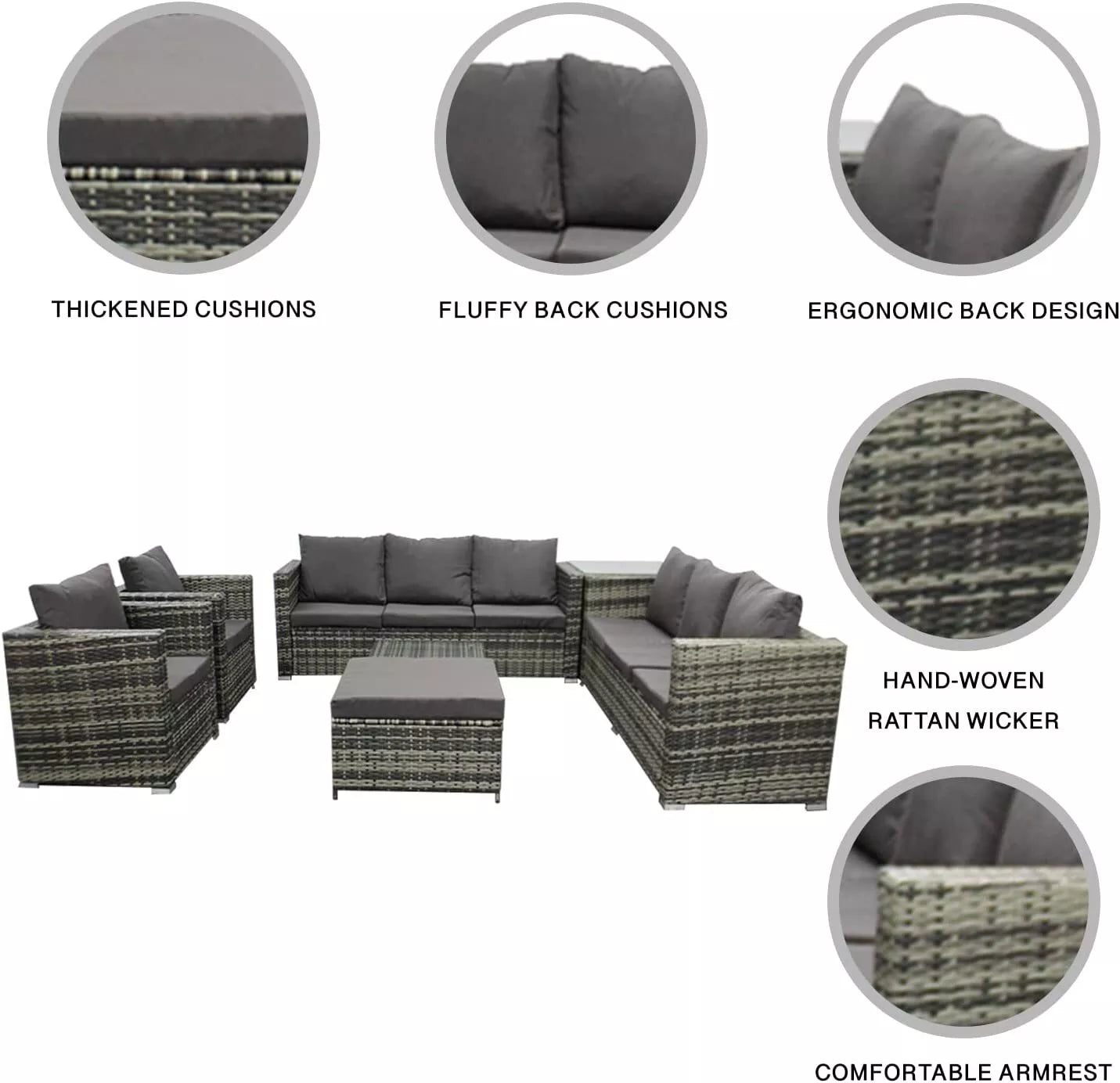 Rattan Corner Furniture Set 9 Seater Garden Sofa Stools Table + Waterproof Cover, UV Protected, 9 Seater, FREE Rain Cover
