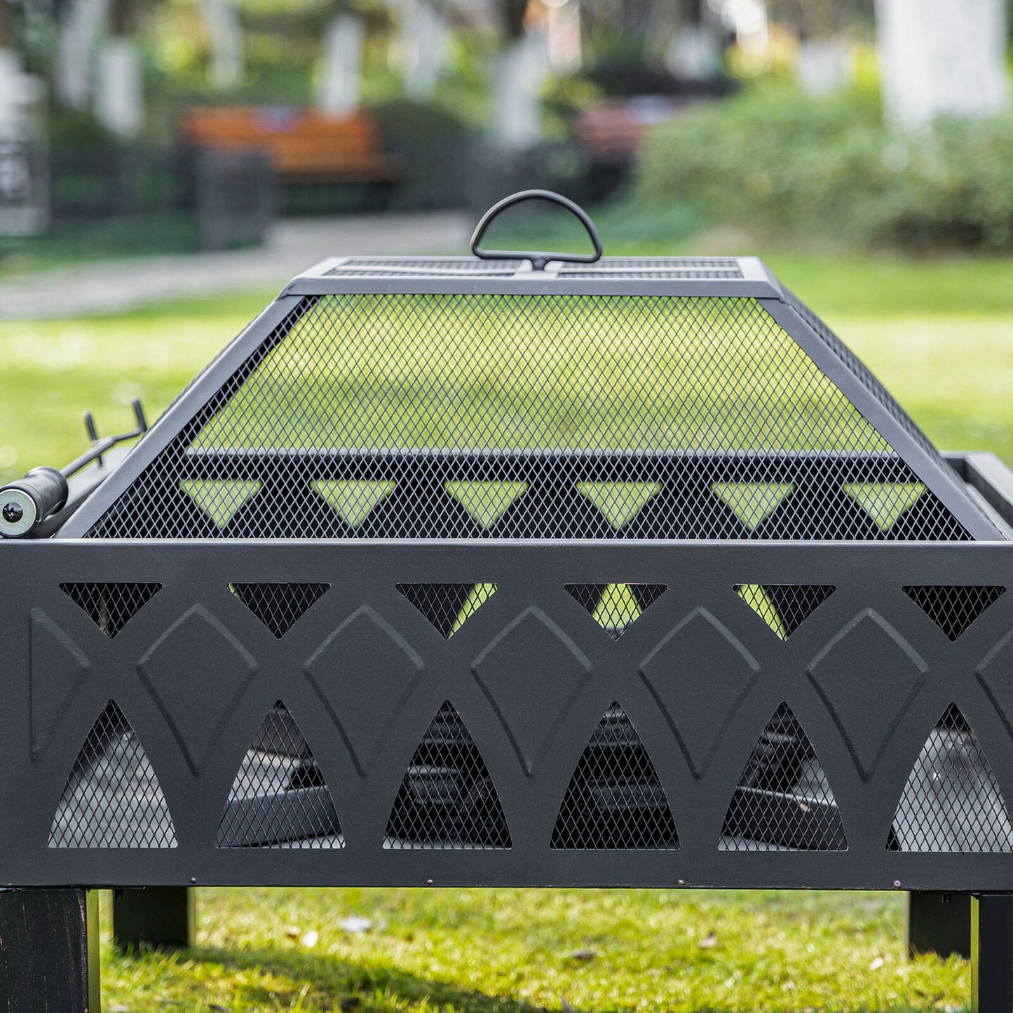 Outdoor Fire Pit with Screen and Poker, Backyard Wood Burner, Black