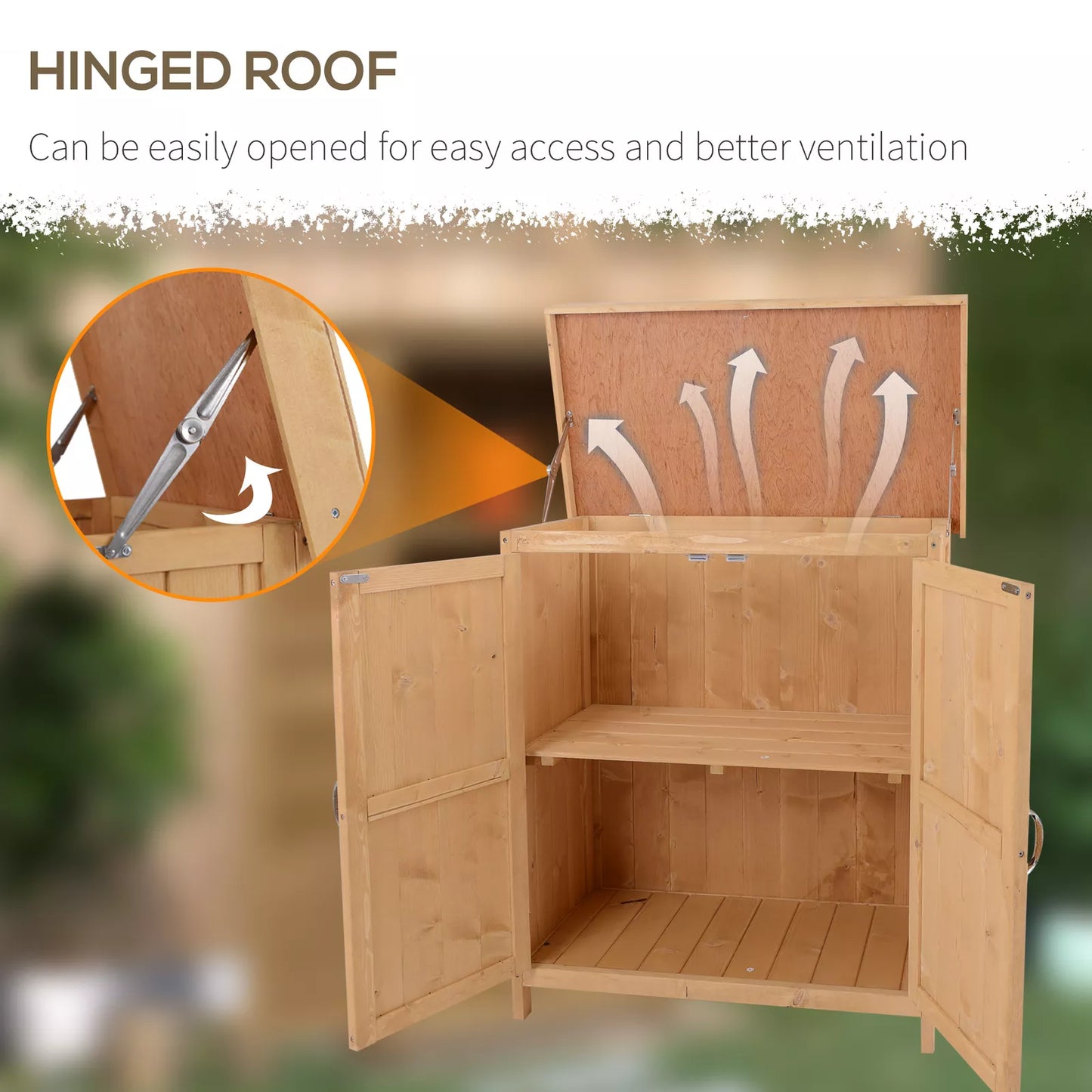 Outdoor Garden Storage Shed Tool Wooden Box w/ Hinged Roof 74x43x88cm, Natural