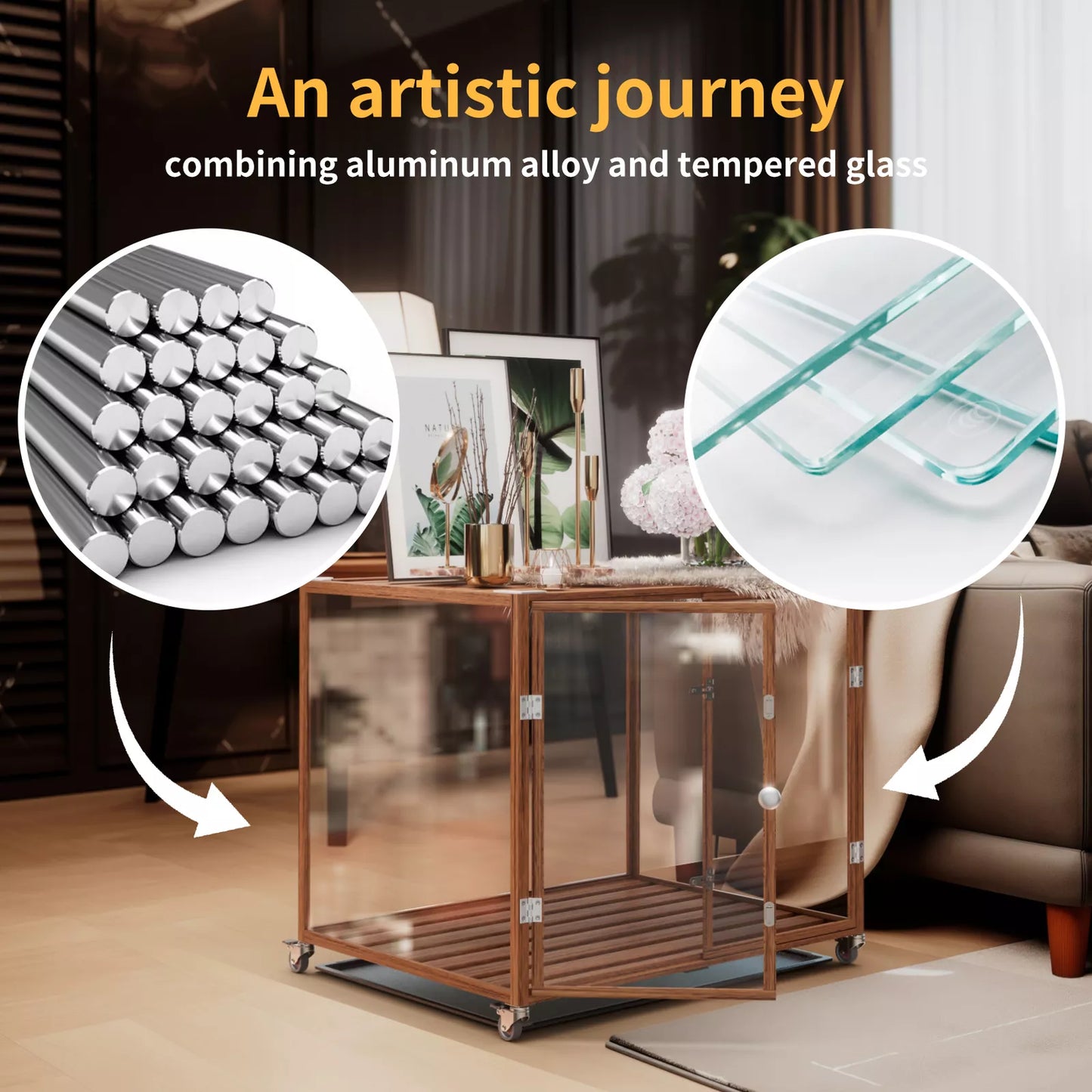 Tempered Glass Dog Cage Clear Puppy Pet Crate Furniture Aluminium Frame