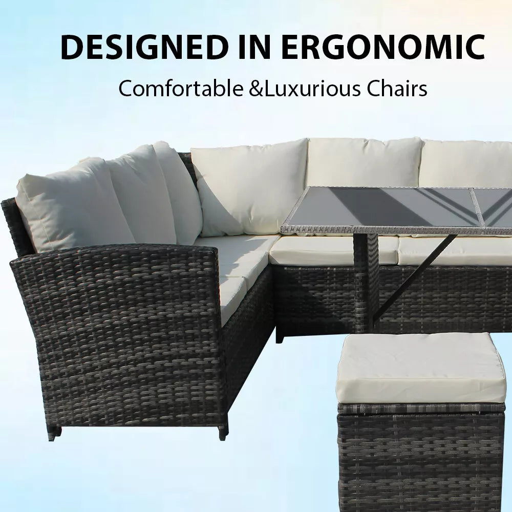 Rattan Garden Furniture 9 Seaters Corner Sofa Dining Table Outdoor Set