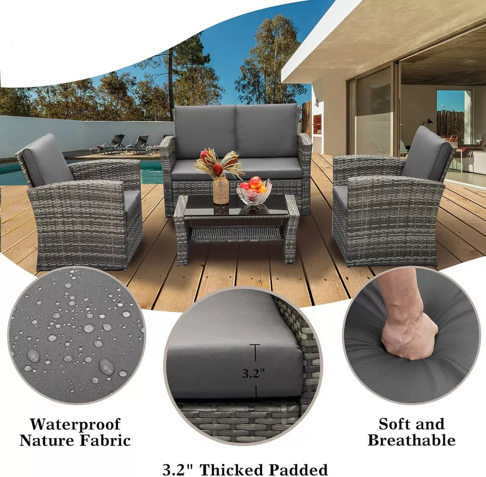 Rattan Garden Furniture Sofa Set Table 2 Arms Chairs & 2 Seater with Table