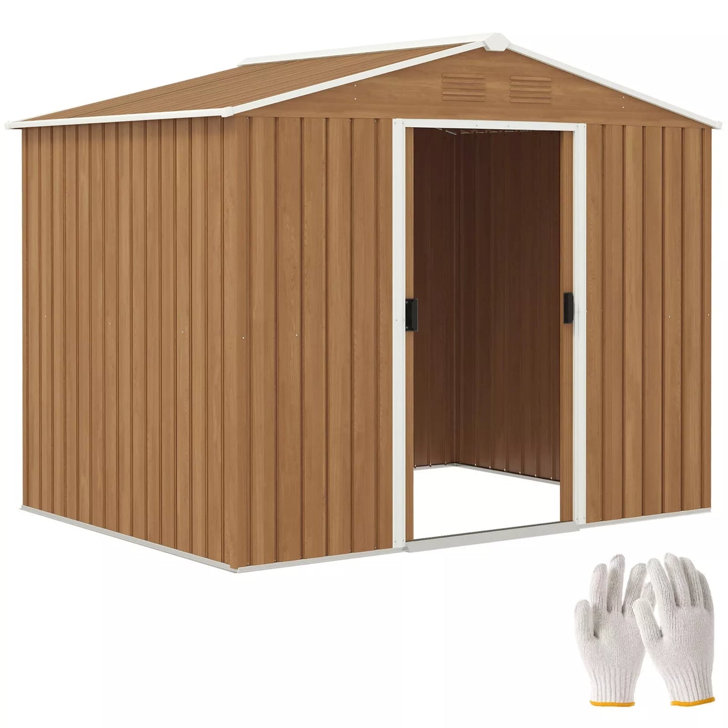 Large Metal Garden Shed 8 x 6ft Wood Effect Tool Storage Sliding Door Lockable
