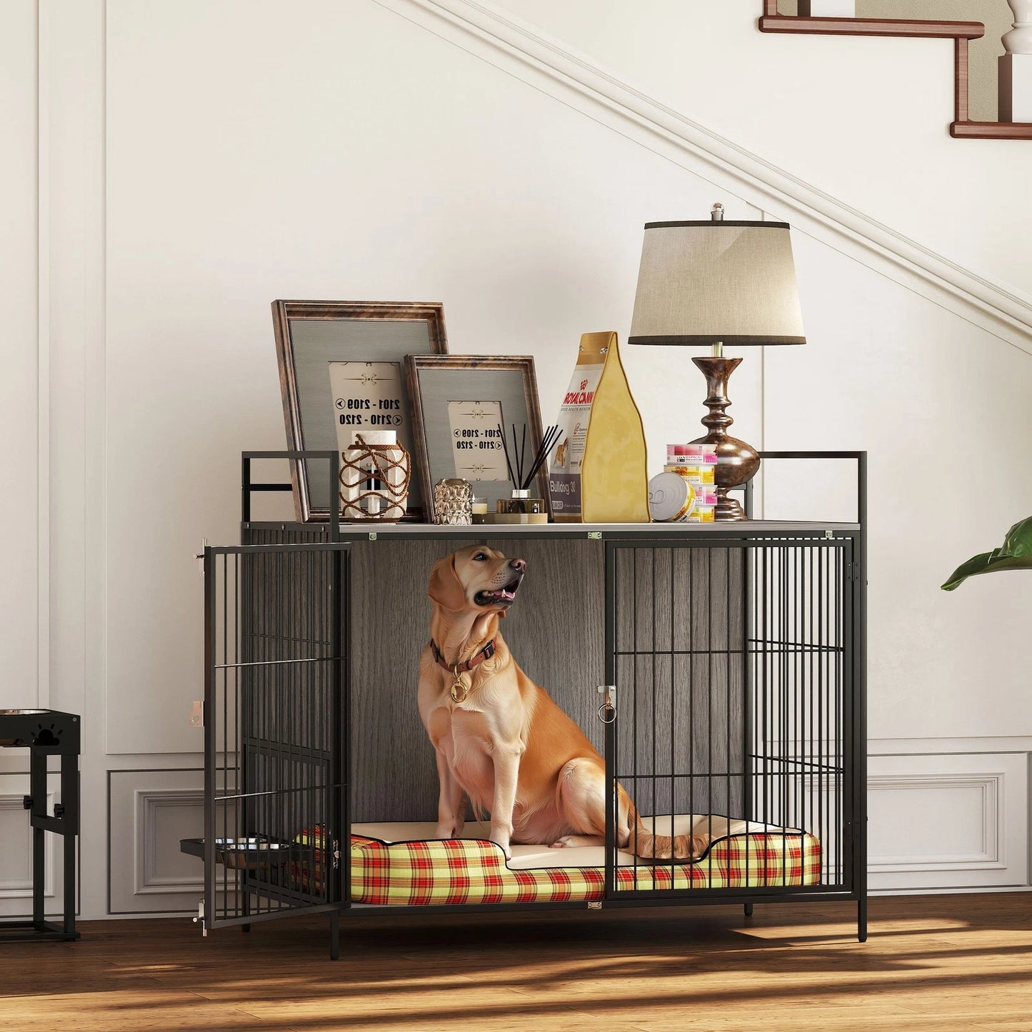 Dog Crate Furniture with Rotating Bowl Holder for Large Dogs, Grey