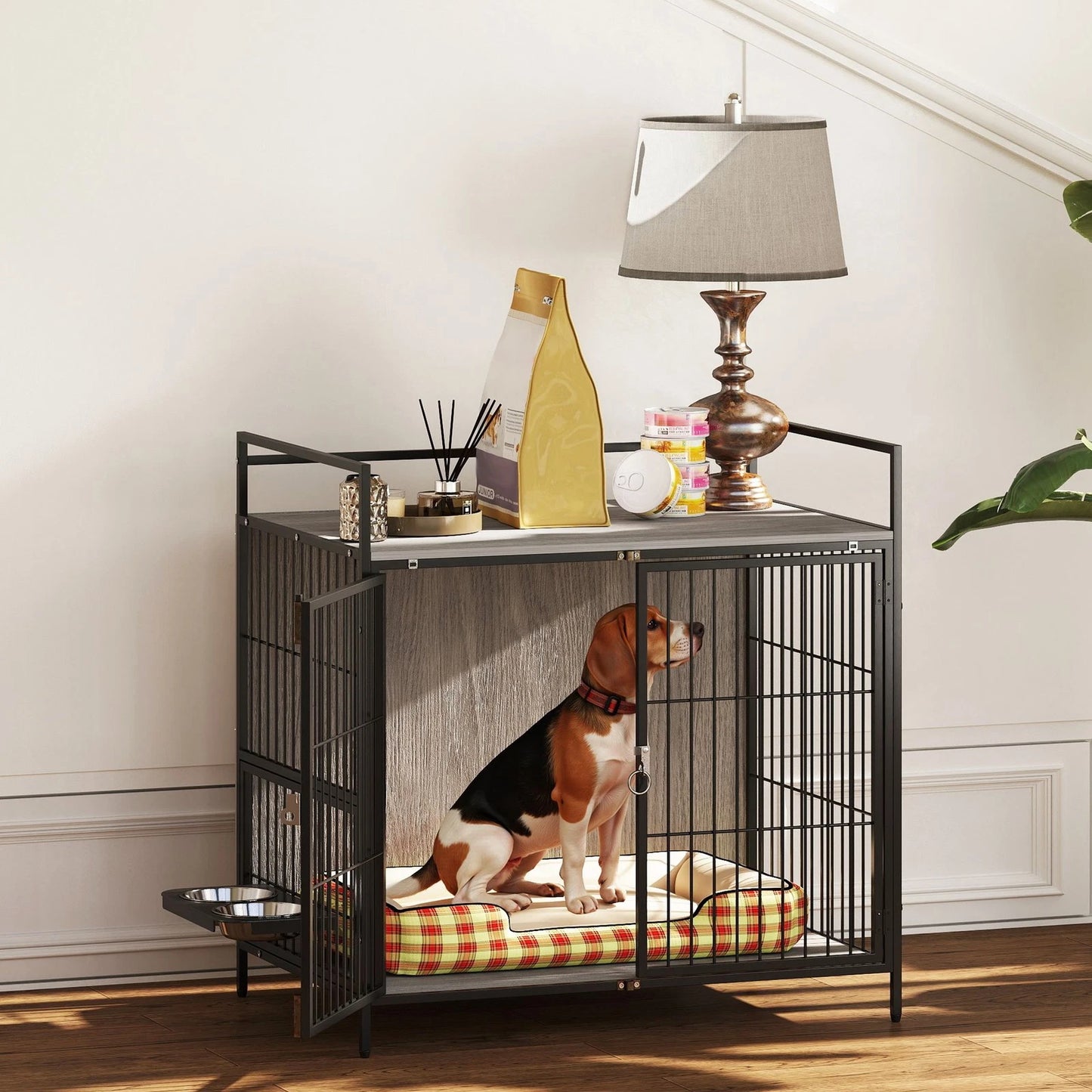 Dog Crate Furniture with Rotating Bowl Holder for Medium Dogs, Grey
