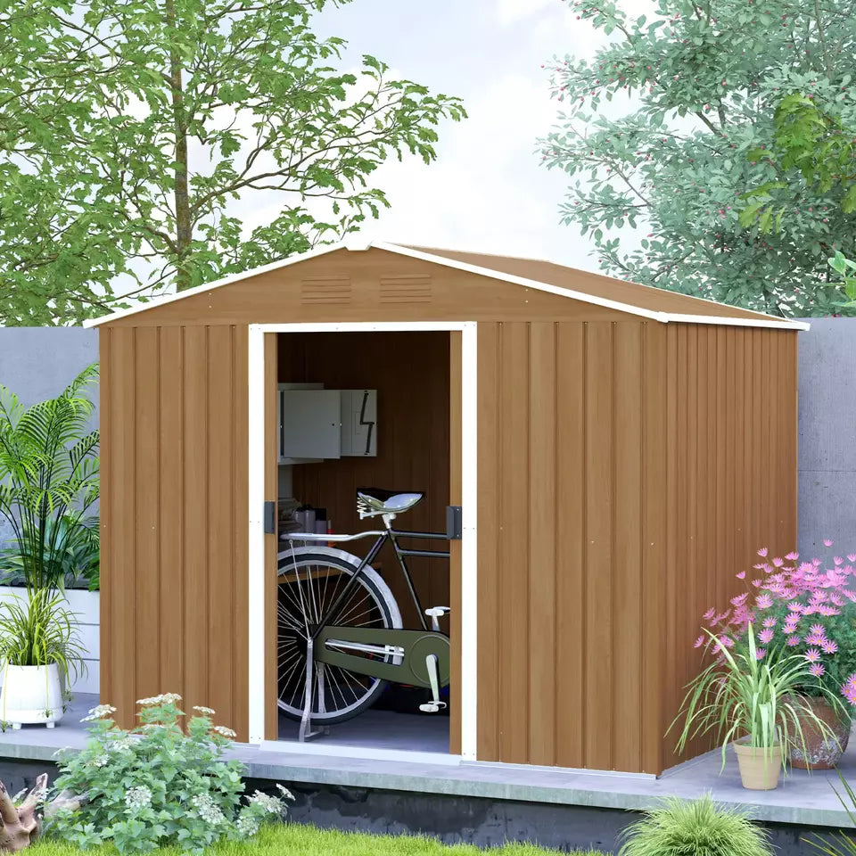 Large Metal Garden Shed 8 x 6ft Wood Effect Tool Storage Sliding Door Lockable