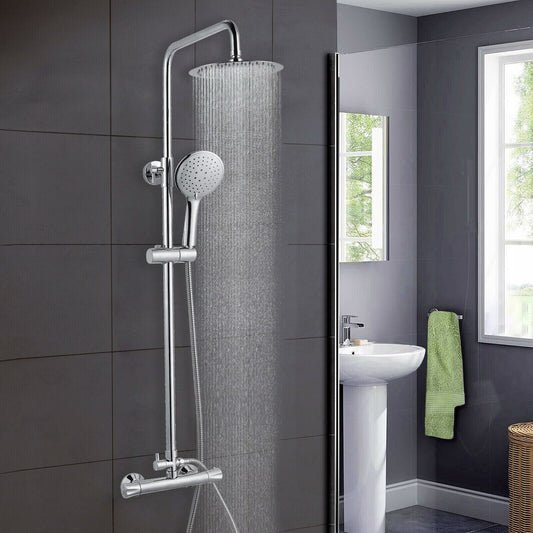 Thermostatic Mixer Shower Set Round Chrome Twin Head Exposed Valve