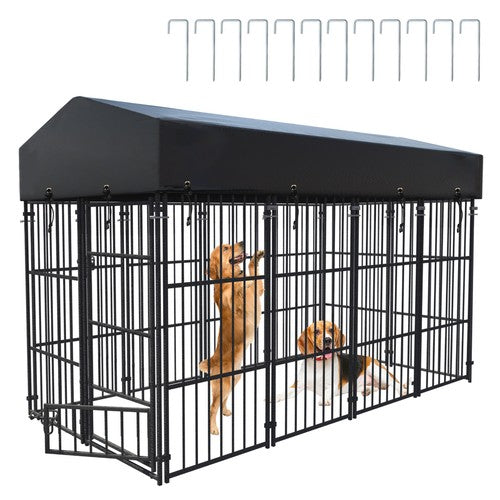 Metal Dog Kennel Outdoor Yard Cage Animal Runs Crate Playpen Roof Cover