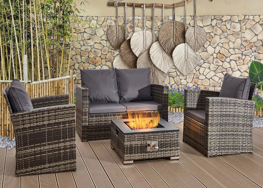 Rattan Garden Furniture Sofa Set Table 2 Arms Chairs & 2 Seater with Firepit Table