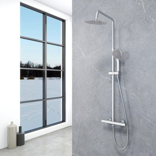 Thermostatic Mixer Shower Set Round Chrome Twin Head Exposed Valve