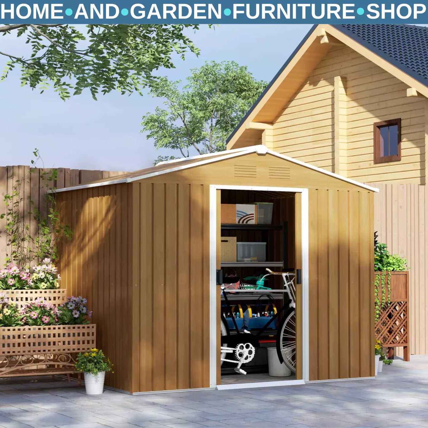 Large Metal Garden Shed 8 x 6ft Wood Effect Tool Storage Sliding Door Lockable